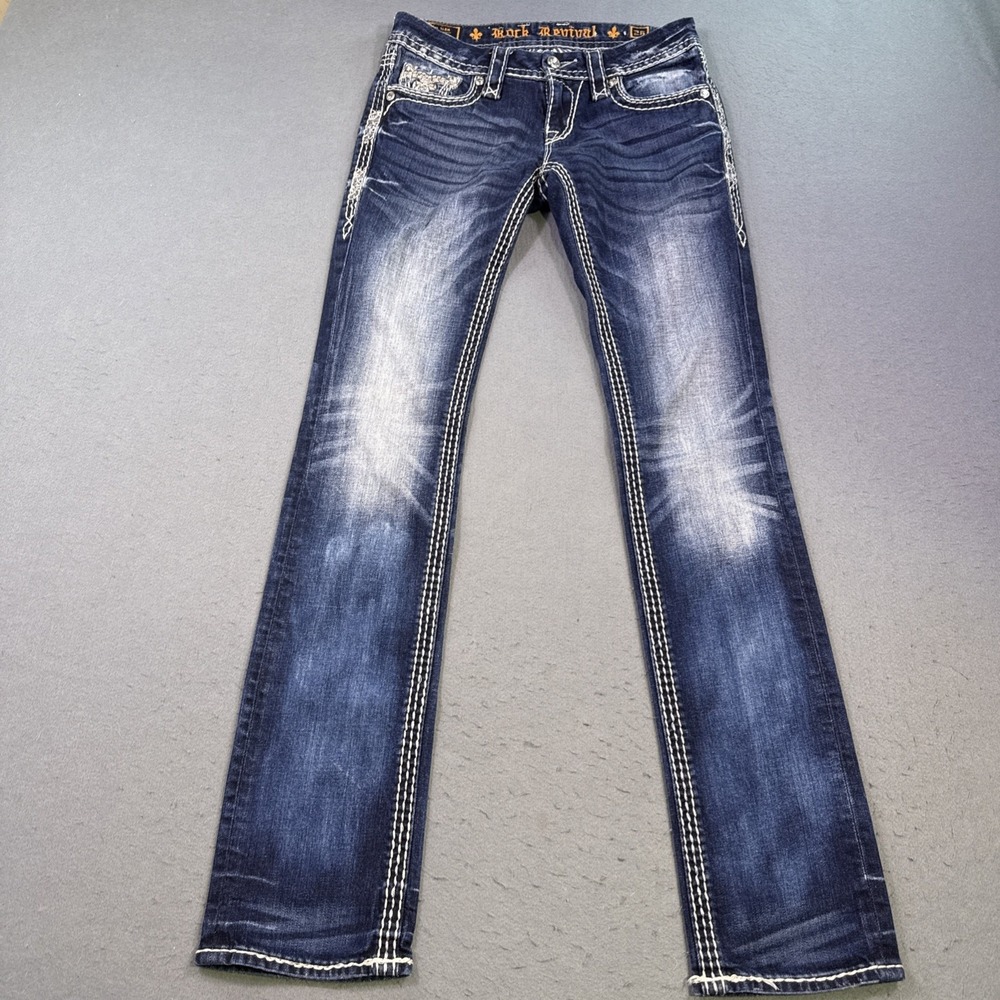 Rock Revival BERRY STRAIGHT Jeans WOMENS 26 WHISKERING THICK STITICH